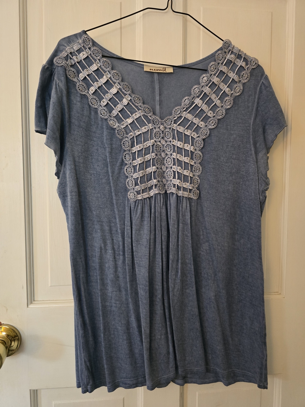 ONE WORLD Blue Crochet-Trim V-Neck Tunic Size PL